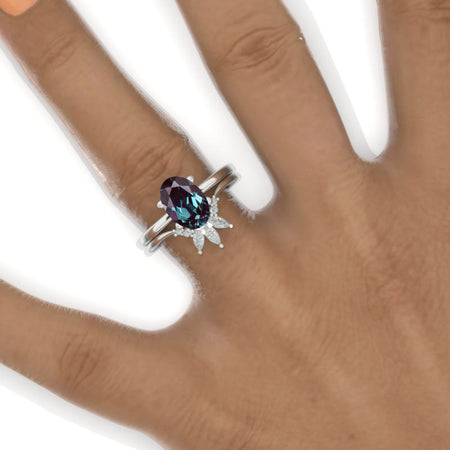 14K White Gold  Oval Alexandrite Halo Engagement Ring, Eternity Ring Set
