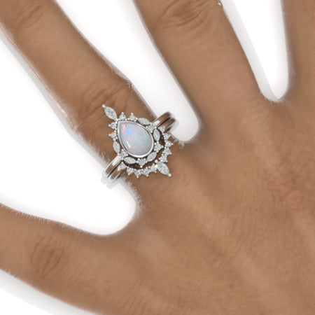 14K White Gold 1.9 Carat Pear Genuine Natural White Opal Halo Engagement Ring Eternity Ring Set