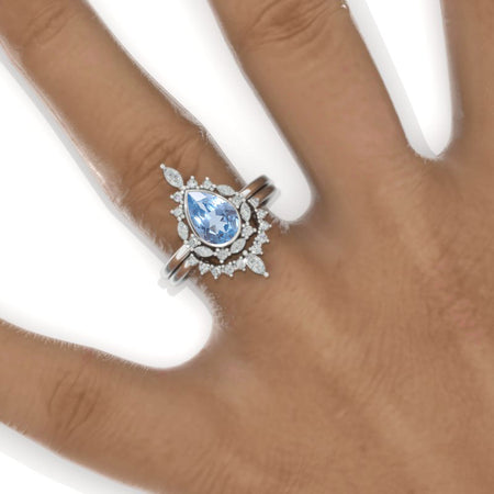 14K White Gold 1.9 Carat Pear Genuine Aquamarine Halo Engagement Ring Eternity Ring Set