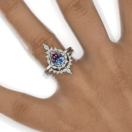 14K White Gold 1.9 Carat Pear Alexandrite Halo Engagement Ring Eternity Ring Set