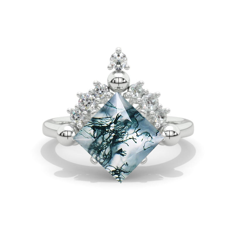 2.5 Carat Princess Cut Genuine Moss Agate White Gold Halo Engagement Ring
