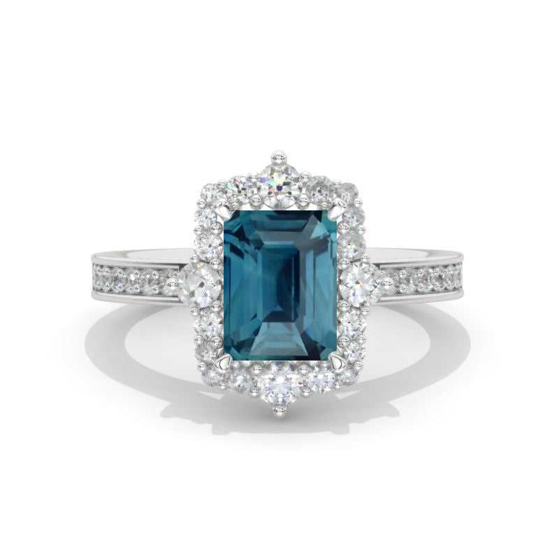 3 Carat Emerald Cut Teal Sapphire Halo Engagement Ring - Giliarto