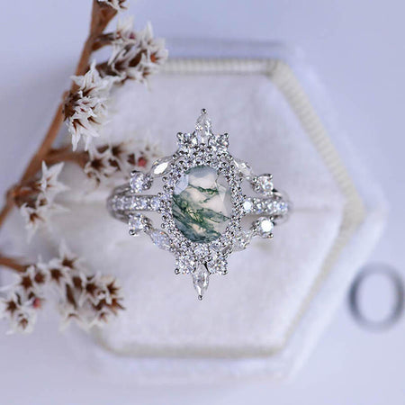 14K White Gold 2 Carat Oval Genuine Moss Agate Halo Engagement Ring