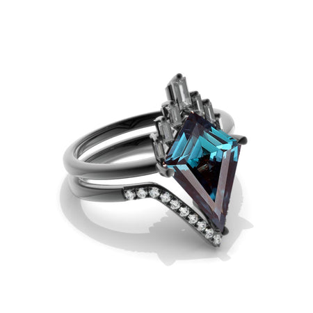 14K Black Gold 4 Carat Kite Alexandrite Halo Engagement Ring, Eternity Ring Set