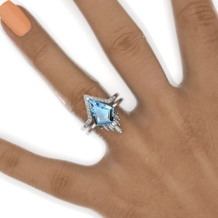 4 Carat Kite Genuine Aquamarine Halo 14K White Gold Engagement Ring, Eternity Ring Set