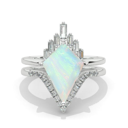 2.5 Carat Kite Genuine Natural White Opal Halo 14K White Gold Engagement Ring, Eternity Ring Set