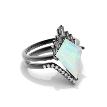 14K Black Gold 4 Carat Kite Genuine Natural White Opal Halo Engagement Ring, Eternity Ring Set