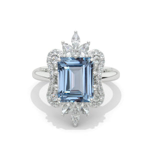 3 Carat Genuine Aquamarine Emerald Cut Halo White Gold Engagement Ring