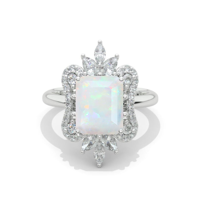 3 Carat Genuine Natural White Opal Emerald Cut Halo White Gold Engagement Ring