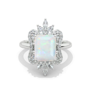 3 Carat Genuine Natural White Opal Emerald Cut Halo White Gold Engagement Ring
