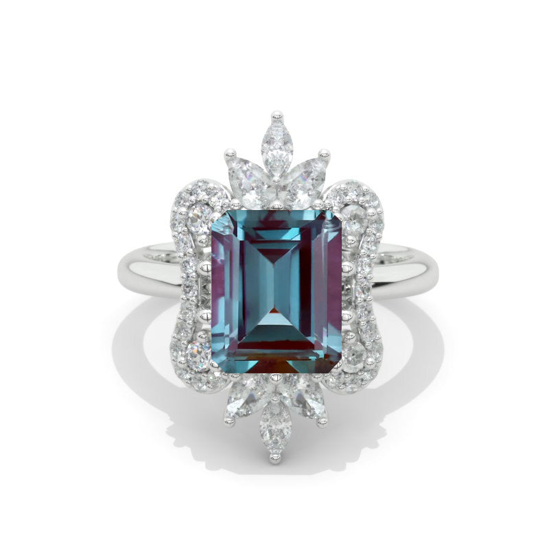 3 Carat Alexandrite Emerald Cut Halo White Gold Engagement  Ring