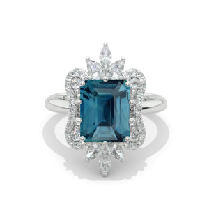 3 Carat Teal Sapphire Emerald Cut Halo White Gold Engagement Ring