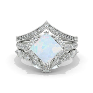 14K White Gold 1.9 Carat Princess Genuine Natural White Opal Halo Engagement Ring Eternity Ring Set
