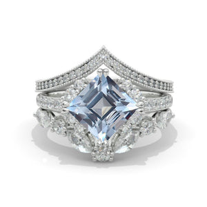 2 Carat Princess Genuine Aquamarine Halo 14K White Gold Engagement Ring Eternity Ring Set