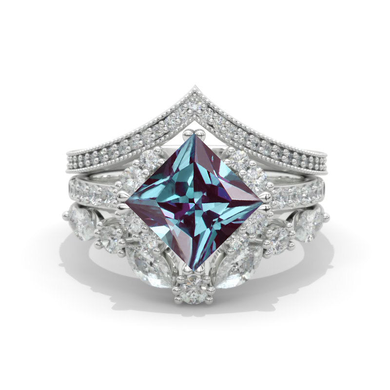 14K White Gold 1.9 Carat Princess Alexandrite Halo Engagement Ring Eternity Ring Set