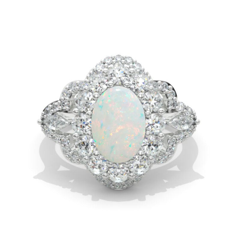 3 Carat Genuine Natural White Opal Oval Cut Halo White Gold Engagement Ring