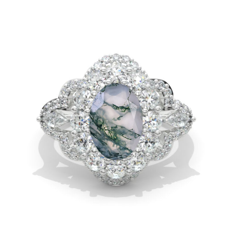 3 Carat Genuine Moss Agate Oval Cut Halo White Gold Engagement  Ring
