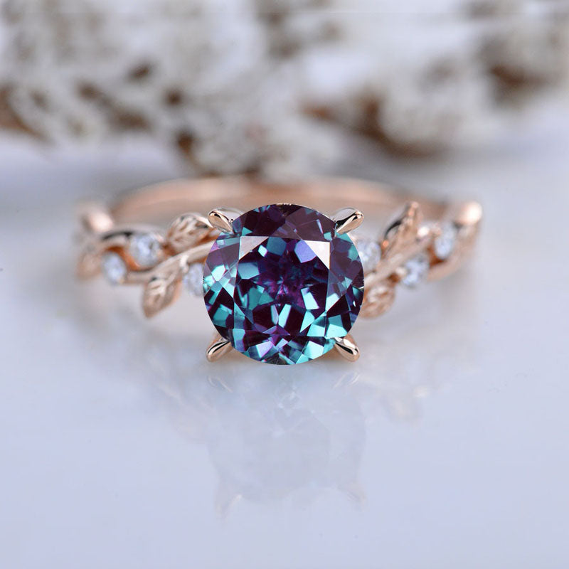 Alexadnrite Rings 2 Carat Round Brilliant Cut Alexandrite Floral Rose Gold Engagement Ri ...