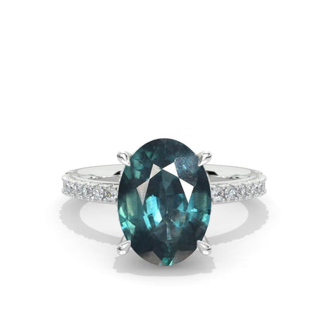 6Ct Oval Teal Sapphire Engagement Ring, Oval Cut Shape Dainty Engagement Ring, Teal Sapphire Hidden Halo Pave accents ring