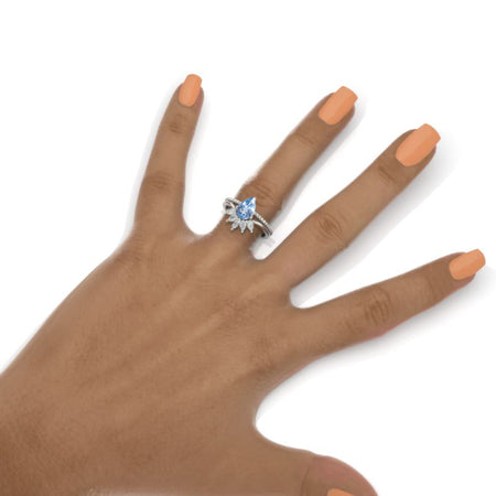 14K White Gold 1.9 Carat Pear Genuine Aquamarine Halo Engagement Ring Eternity Ring Set