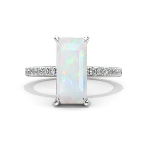5 Carat Radiant Genuine Natural White Opal Hidden Halo Engagement 14K White Gold Ring