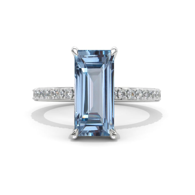 5 Carat Radiant Genuine Aquamarine Hidden Halo Engagement 14K White Gold Ring