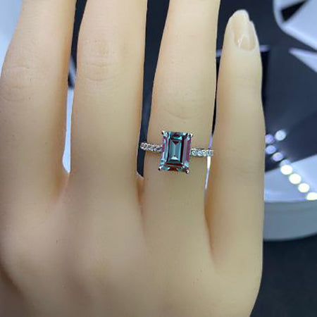 Luxury 3 Carat  Radiant Cut Alexandrite Hidden Halo Engagement 14K White Gold Ring