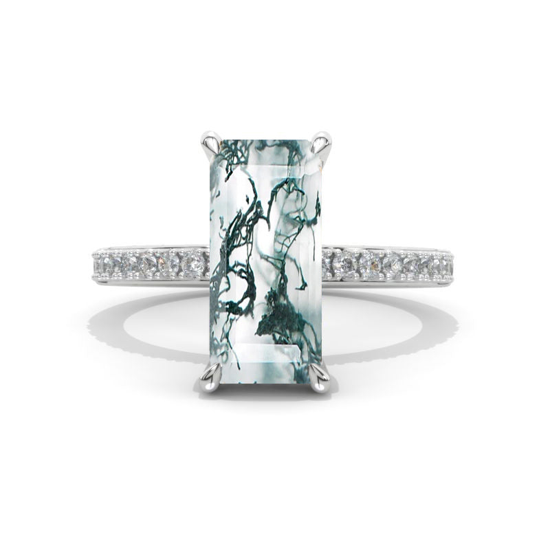 5 Carat Giliarto Radiant Genuine Moss Agate Hidden Halo Engagement 14K White Gold Ring