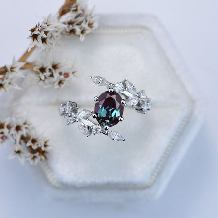 14K White Gold Oval Alexandrite Floral Engagement Ring