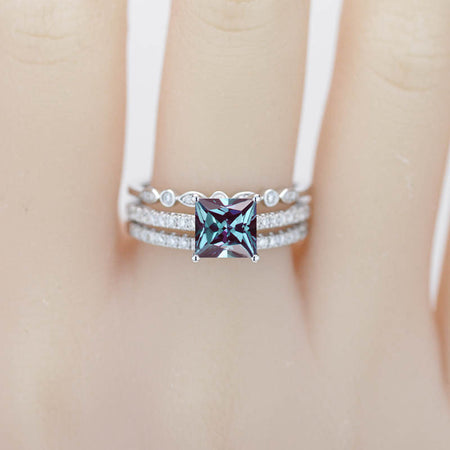 14K White Gold 2 Carat Princess Cut Alexandrite Engagement Ring Eternity Ring Set