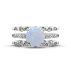 14K White Gold 2 Carat Round Cut Genuine Natural White Opal Engagement Ring Eternity Ring Set