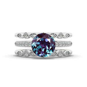 14K White Gold 2 Carat Round Cut Alexandrite Engagement Ring Eternity Ring Set