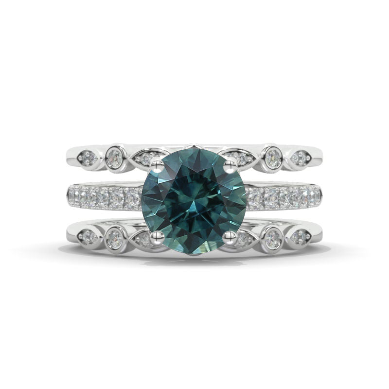 14K White Gold 2 Carat Round Cut Teal Sapphire Engagement Ring Eternity Ring Set