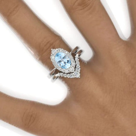 Oval 10x8 Genuine Aquamarine Halo Engagement Ring, Promise Ring For Her, Aquamarine Wedding Ring, 14K Gold Oval Aquamarine Engagement Ring Set