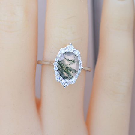 3 Carat Oval 9x7 Genuine Moss Agate Halo Engagement Ring, Promise Ring For Her, Moss Agate  Wedding Ring,  Engagement Ring