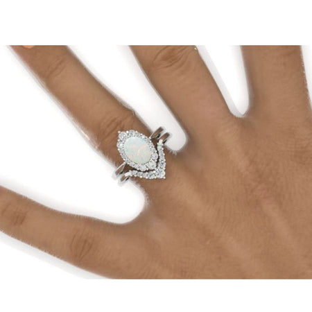 Oval 10x8 Genuine Natural White Opal Halo Engagement Ring, Promise Ring For Her, White Opal Wedding Ring, 14K Gold Oval White Opal Engagement Ring Set
