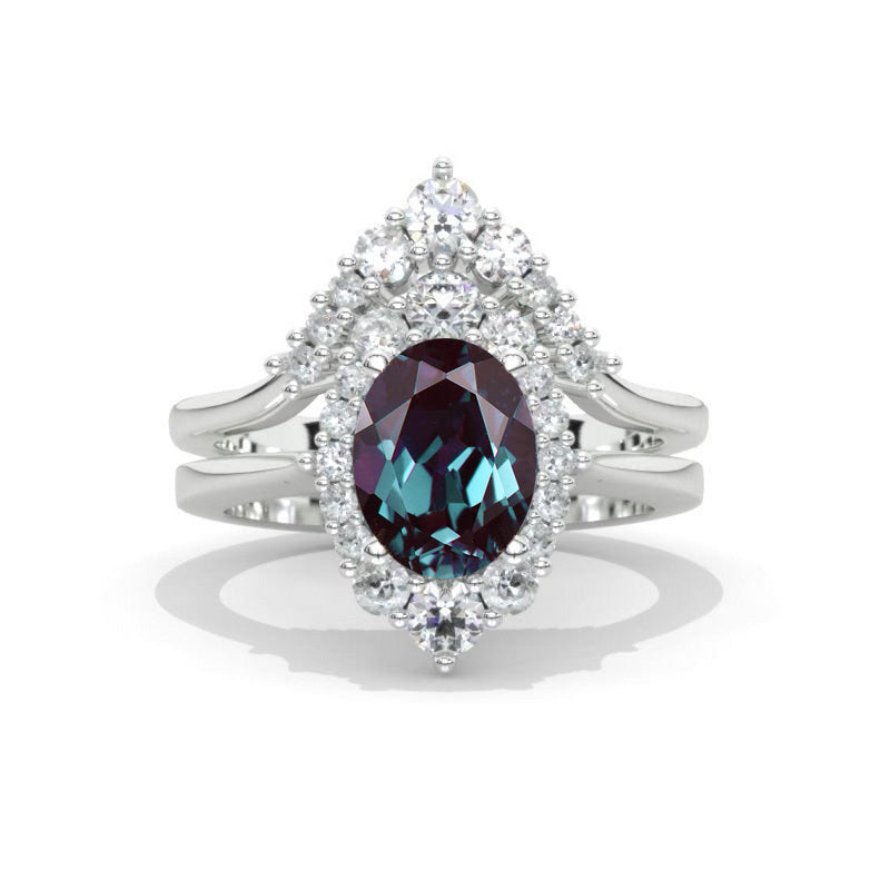 14K White Gold 3 Carat Oval Alexandrite Halo Engagement Ring.