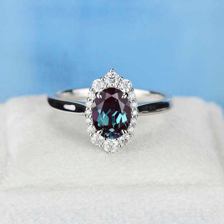 14K White Gold 3 Carat Oval Alexandrite Halo Engagement Ring