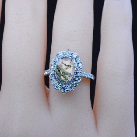1 Ct Genuine Moss Agate Double Halo Engagement Ring, Vintage Oval Shape Cut Moss Agate Engagement Ring, Side Accents Stones 14K White Gold