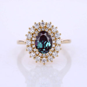 1 Ct Alexandrite Double Halo Engagement Ring, Vintage Oval Shape Cut Alexandrite Engagement Ring, Side Accents Stones 14K Gold
