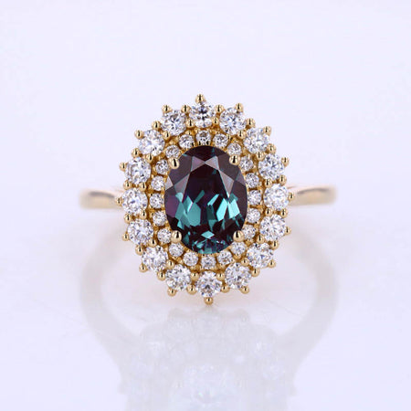 14K White Gold 3.2 CTW Oval Alexandrite Double Halo Engagement Ring