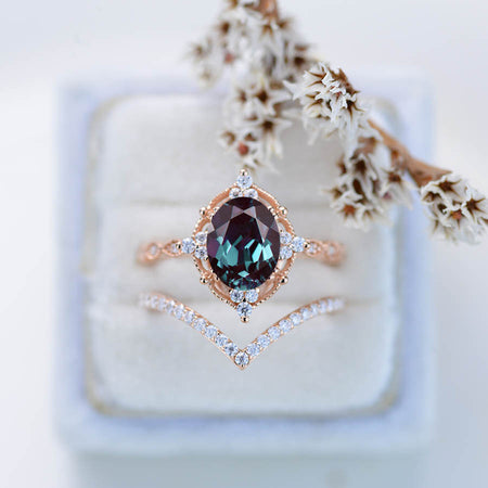 14K Rose Gold Ring 2CT Oval Vintage Wedding Ring, Oval Alexandrite Halo Engagement Ring Set