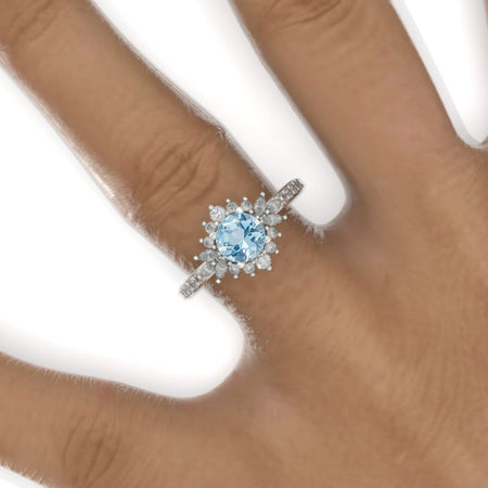 14K White Gold 1 Carat Genuine Aquamarine Halo Engagement Ring