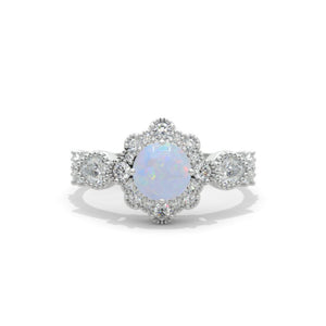 14K White Gold 1 Carat Round Genuine Natural White Opal Halo Engagement Ring