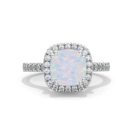 2.5 Carat Cushion Genuine Natural White Opal Halo Engagement Ring. Victorian 14K White Gold Ring