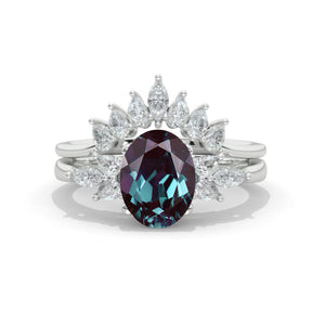 14K White Gold 2.5 Carat Oval Alexandrite Halo Engagement Ring, Eternity Ring Set