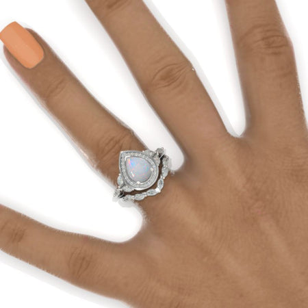 2CT Pear Shape Genuine Natural White Opal Engagement Ring Set, White Gold, Halo Vintage White Opal Band, V Band Vintage Anniversary Ring Set
