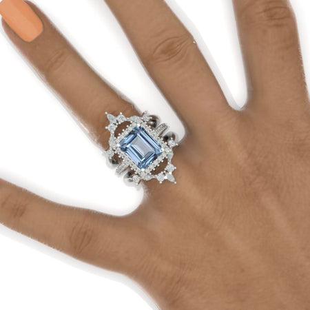 14K Solid Gold Ring 5CT Radiant Cut Genuine Aquamarine Halo Engagement Ring Set. Set of Three Eternity Gold Ring, Vintage Style Ring