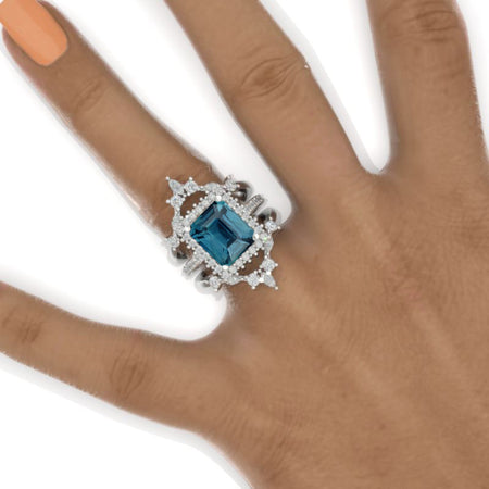 11x9mm Vintage Style Nicely Crafted Halo Radiant Cut Teal Sapphire White Gold Engagement Ring
