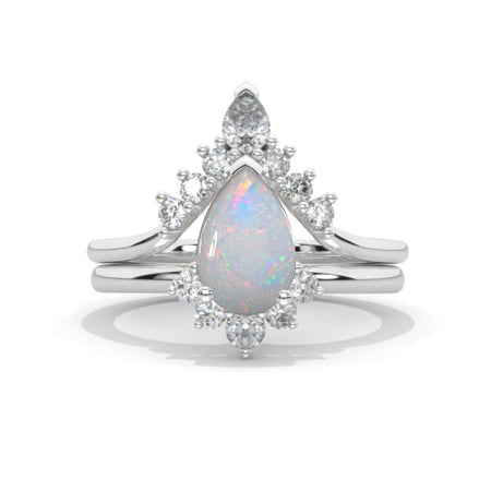 14K White Gold 1.5 Carat Pear Genuine Natural White Opal Halo Twisted Engagement Ring Eternity Ring Set